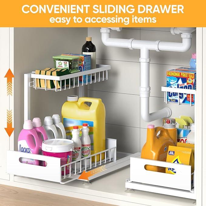 Under Sink Organizer Storage 2-Tier Premium Metal Pull-Out Racks, Height Adjustable, Heavy Dut and Easy Installation for Kitchen & Bathroom Organizers 1 Pack White - ModernBath