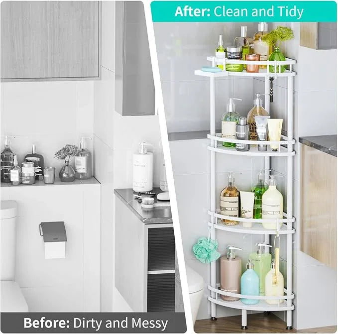 HapiRm Standing Corner Shower Caddy - 4 Tier Shower Organizer Corner with Soap Holder and 4 Hooks, Rustproof Bathroom Storage Shelves with Adhesives, White - ModernBath