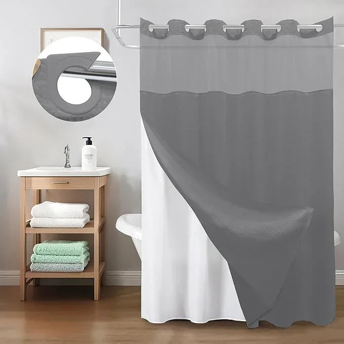 Inhousolu Extra Long No Hook Shower Curtain with Snap in Fabric Liner Set Waffle Weave 230GSM Weighted Hem, Waterproof & Washable Bathroom Curtain Spa Luxury with Mesh Top Window 72" W x 84" L Grey - ModernBath