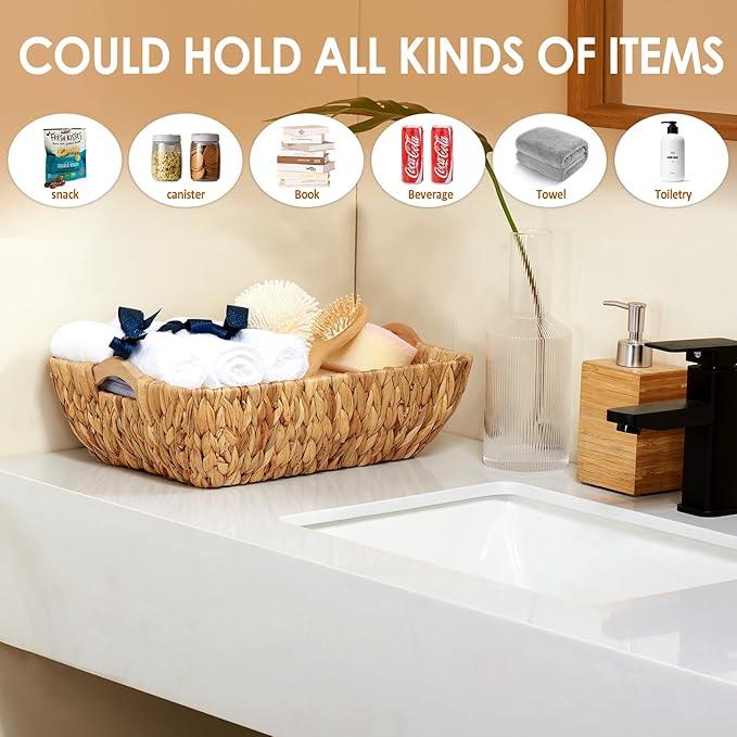 Wicker Baskets 2 Pack, Water Hyacinth Wicker Storage Basket with Wooden Handles, Hand-Woven Baskets for Storage, Natural - ModernBath