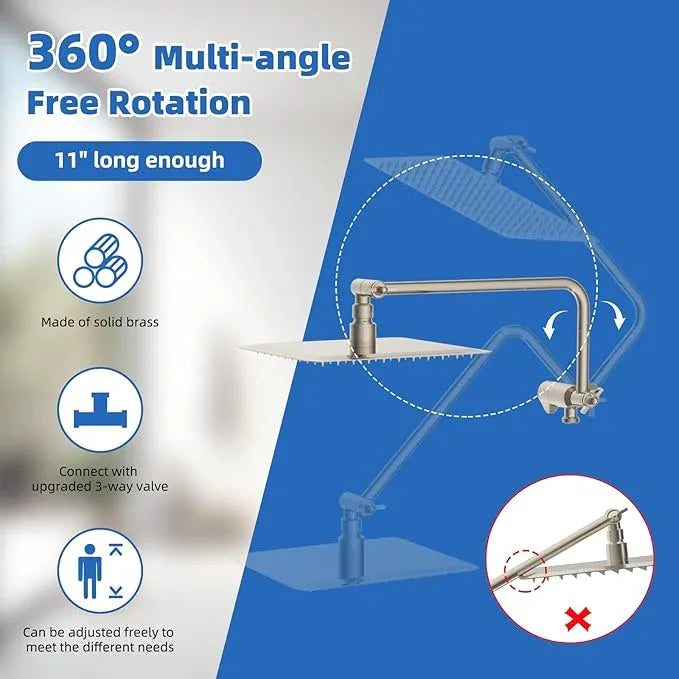 All Metal Shower Head, 10" High Pressure Rainfall/Handheld Shower Combo with 11" Extension Arm, 10-Spray Handheld Showerhead, 71" Long Hose, 3-Way Diverter Valve, Brushed Nickel - ModernBath