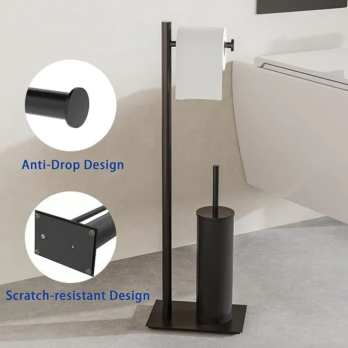 RUACQ Toilet Paper Holder Stand with Toilet Brush and Holder Set, 304 Stainless Steel Bathroom Toilet Tissue Paper Roll Holder Free Standing, Weighted Base, Heavy Duty (Matte Black) - ModernBath