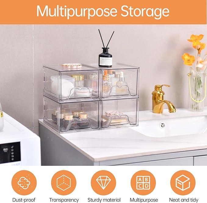 Stebopum 4 Pack Stackable Makeup Organizer, 4.4'' Tall Acrylic Bathroom Makeup Organizer and Storage Drawer with Pull-out Handle, Clear Plastic Storage Bins for Vanity,Pantry,Desk,Undersink,Kitchen - ModernBath