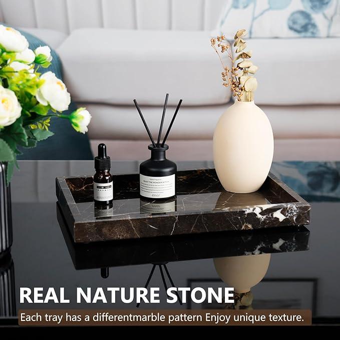 Zilukar Real Natural Marble Tray for Bathroom, Vanity, Kitchen and Desktop, Rectangle Genuine Marble Stone Tray for Jewelry, Cosmetics, Candles, Lotion, Perfume and Home Decor Brown - ModernBath