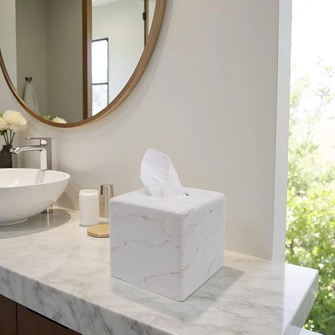 Huitony Marble Tissue Box Cover Square Decorative Stone Klenex Box Holder for Bathroom & Living Room with Handcrafted Texture (Marble-B) - ModernBath