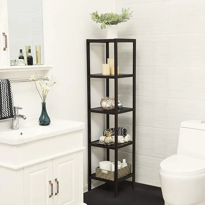 SONGMICS Bamboo Storage Shelf, 5-Tier Shelving Unit, Multifunctional, in the Entryway, Bathroom, Living Room, Balcony, Kitchen, 13 x 13 x 57.5 Inches, Brown UBCB55Z - ModernBath
