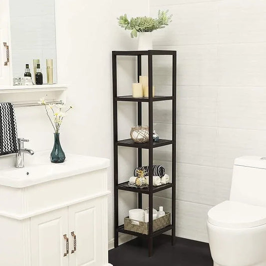 SONGMICS Bamboo Storage Shelf, 5-Tier Shelving Unit, Multifunctional, in the Entryway, Bathroom, Living Room, Balcony, Kitchen, 13 x 13 x 57.5 Inches, Brown UBCB55Z - ModernBath