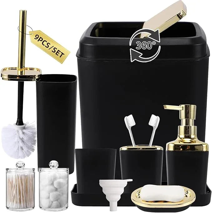 XLHOMO Black Bathroom Accessories Set, Black and Gold Bathroom Accessories with Trash Can, Tray, Soap Dispenser, Soap Dish, Toothbrush Holder, Toothbrush Cup,Toilet Brush and Qtip Holders - ModernBath