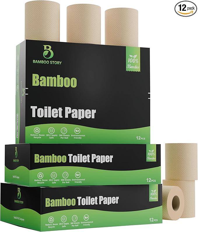 Bamboo Story Eco Toilet Paper, 12 Rolls, 3-Ply, 300 Sheets, 100% Unbleached Bamboo, Chemical-Free, PFAS-Free, Vegan, Plastic-Free, Plant-Based Tissue, FSC Certified, Gentle, Strong & Sustainable (12) - ModernBath