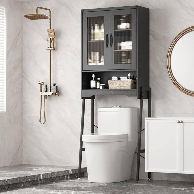 Over The Toilet Storage Cabinet with Tempered Glass Doors & Adjustable Shelf, Bathroom Organizer with Metal Stand Space Saver Over Toilet , Tall Freestanding Shelf/Rack for Bathroom, Black - ModernBath