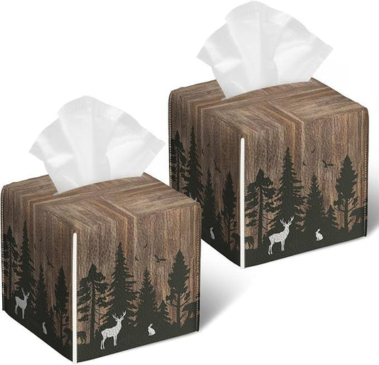 Deer Forest Wood Grain Tissue Box Cover 2PCS, Leather Tissue Box Holder Square Facial Paper Case Tissue Box Cube Organizer for Bathroom Bedroom Desk Office - ModernBath