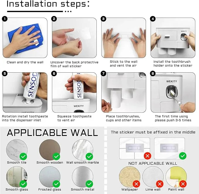 Toothbrush Holder Wall Mounted, WEKITY Multi-Functional Toothbrush and Toothpaste Dispenser for Bathroom, with 5 Toothbrush Slots, 2 Toothpaste Squeezers and 4 Cups(Grey) - ModernBath