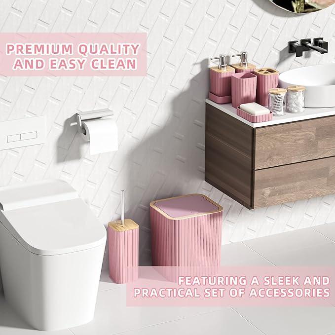 XLHOMO Bathroom Accessories Set - 25PC Pink Bathroom Set, Bathroom Set with Shower Curtain and Rugs, Pink Shower Curtain Set, Toilet Brush, Bathroom Trash Can - ModernBath