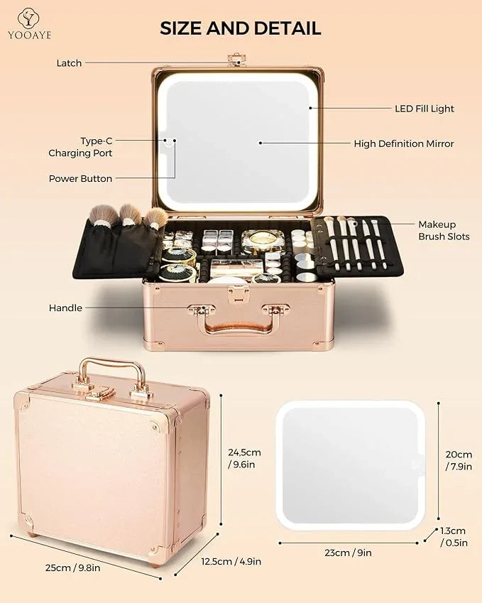 Yooaye Makeup Box with Detachable Lighted Mirror–Travel Train Case, Cosmetic Storage Organizer & Makeup Suitcase with Adjustable Dividers & Magnetic LED Mirror (Rose Gold) - ModernBath
