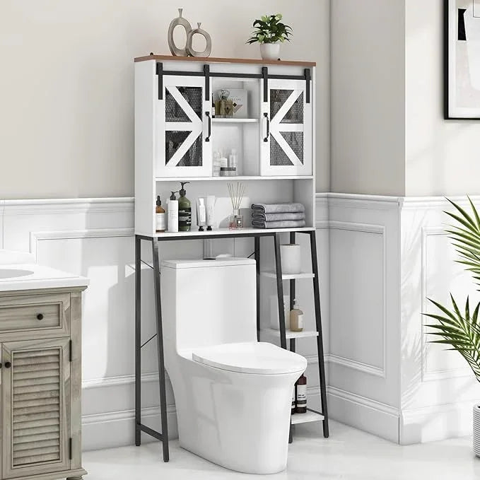 Vabches Over The Toilet Storage Cabinet, Farmhouse Storage Cabinet Over Toilet with Sliding Barn Door，Home Space-Saving Toilet Rack, for Bathroom, Restroom, Laundry White - ModernBath