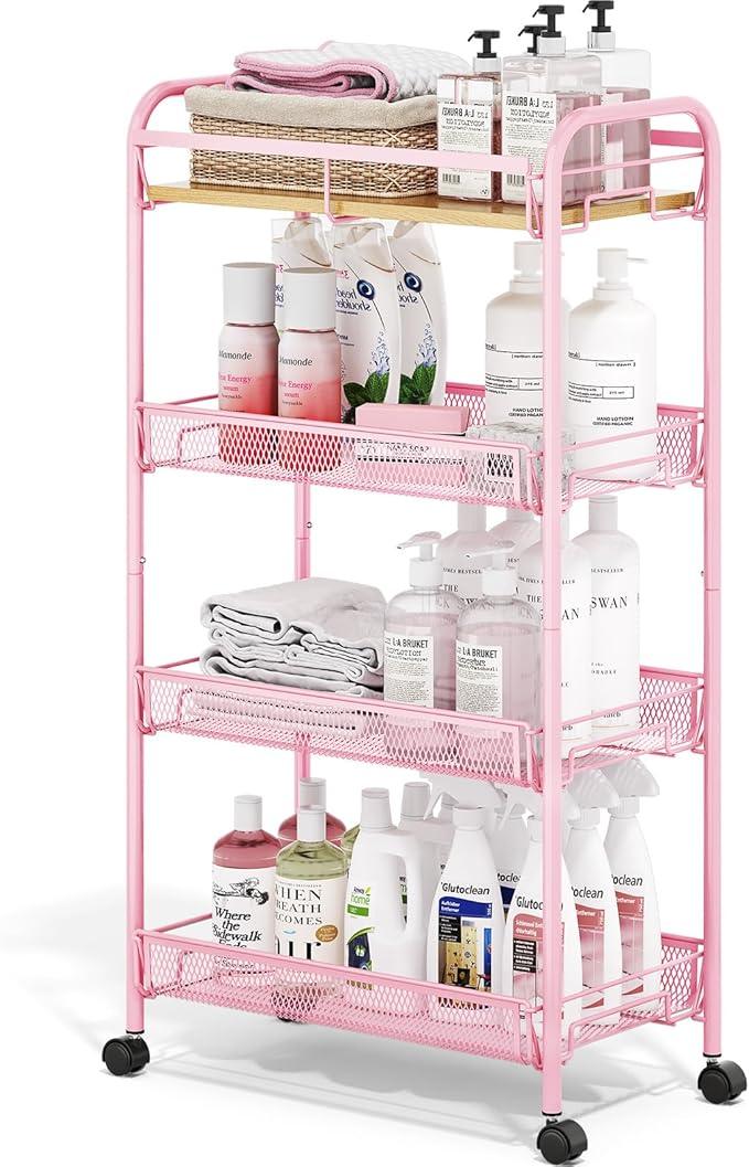 TOOLF 4-Tier Rolling Cart, Metal Utility Cart, Slide Out Storage Cart with Wooden Tabletop and Mesh Baskets, Easy Assemble Trolley for Kitchen Bathroom Laundry Room Bedroom Apartments Dormitory - ModernBath