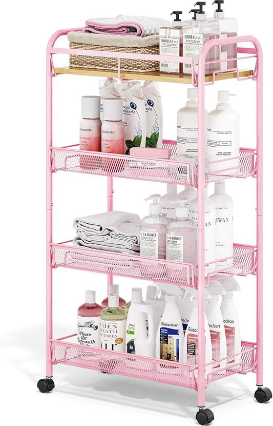 TOOLF 4-Tier Rolling Cart, Metal Utility Cart, Slide Out Storage Cart with Wooden Tabletop and Mesh Baskets, Easy Assemble Trolley for Kitchen Bathroom Laundry Room Bedroom Apartments Dormitory - ModernBath