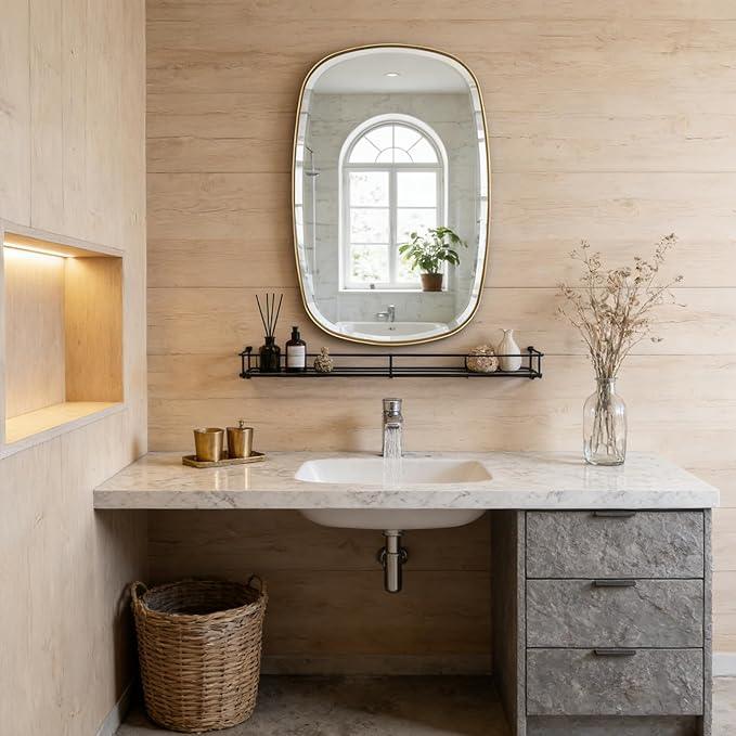 POZINO Brushed Gold Mirror, 20"x30" Brass Beveled Mirrors for Bathroom, Rounded Rectangle Mirror, Modern Vanity Wall Mirrors in Premium Stainless Steel Frame Hangs Horizontal Or Vertical - ModernBath