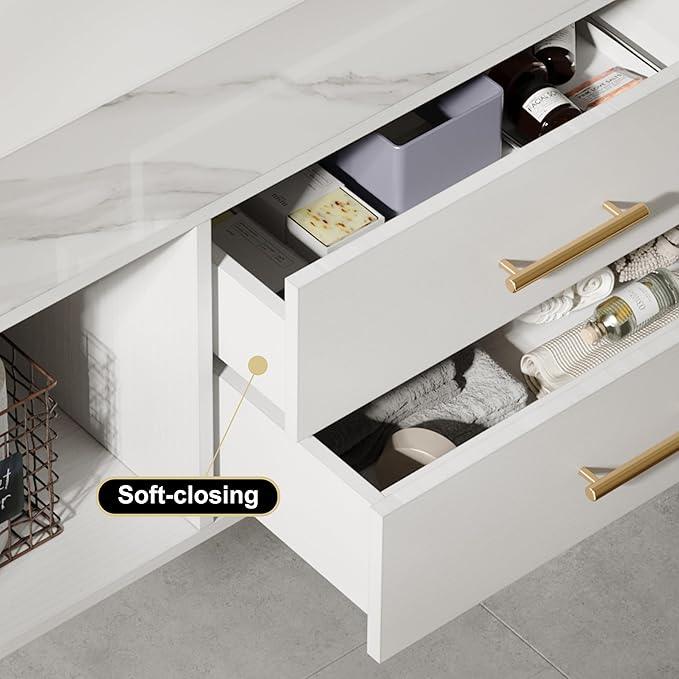 homary 35.4" Floating Bathroom Vanity Set, Modern Wall-Mounted Vanity Bathroom Medicine Cabinet with Sintered Stone Countertop, Undermount Sink & White, 2 Open Storage Shelves - ModernBath