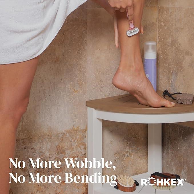 ROHKEX Waterproof Corner Shower Stool - Pack of 1, White & Brown - Stable Shaving Stool for Legs - Easy Assembly Plastic Shower Bench Seat - Non-Slip Feet, Gifts Idea for Home, Corner Bench Seat - ModernBath
