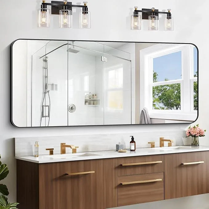 CIVENO Large Bathroom Mirror, 72x30 inch Black Metal Frame Rectangular Vanity Mirror, Rounded Corner Wall Mounted Rectangle Mirrors for Bedroom Living Room Hangs Horizontal Or Vertical - ModernBath