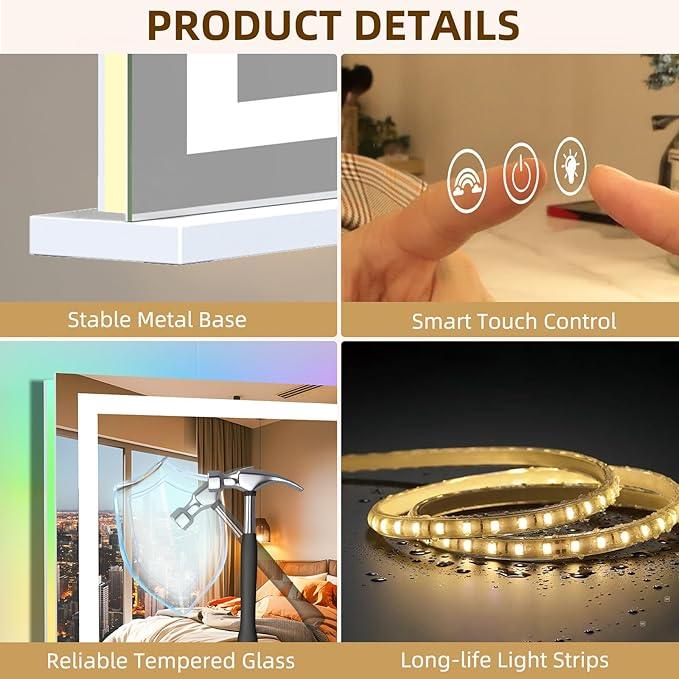 FENCHILIN Vanity Mirror with Lights, 32" x 23" RGB Backlit + Front Lit Large Hollywood Makeup Vanity Mirror LED Strip with 3 Colors Modes Smart Touch for Dressing Room & Bedroom White - ModernBath
