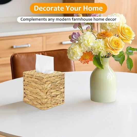 4 Pack Water Hyacinth Tissue Box Cover – Handwoven Rattan Square Holder, Natural Boho Decorative Organizer for Facial Tissues in Bathroom, Living Room, Bedroom & Office - ModernBath