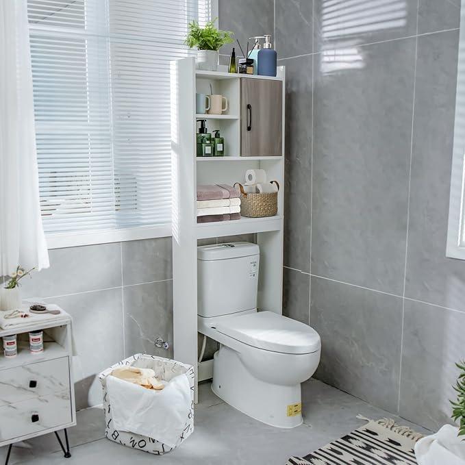 Giantex Over The Toilet Storage Cabinet, 4-Tier Freestanding Space Saver Above Toilet with Open Shelves & Door, Over Toilet Bathroom Organizer for Restroom, Laundry Room, White - ModernBath