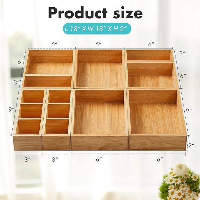 Fabsome Drawer Organizer, Set of 9 Bamboo Wood Kitchen Makeup Desk Junk Tea Drawer Storage Boxes Bins for Cutlery Silverware Utensils Flatware, Small Wooden Container Tray for Bathroom, Office - ModernBath