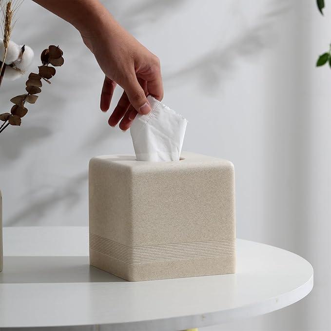 Haocoott Tissue Box Cover Square, Resin Facial Tissue Holder Covers Cube Toilet Paper Holder Case Dispenser Home Decorative for Bathroom Kitchen Bedroom Living Room Office (Beige) - ModernBath