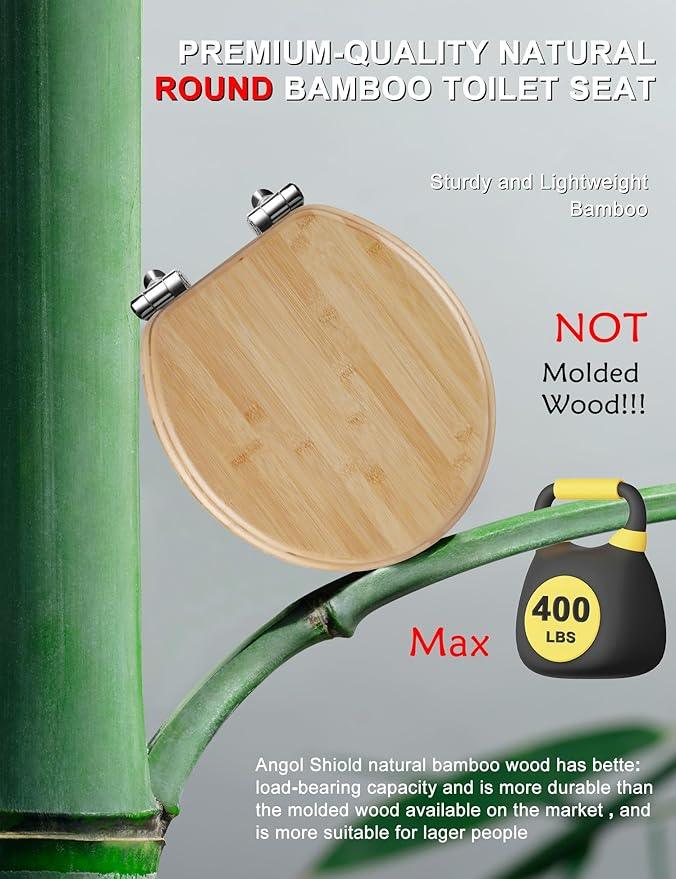 Angol Shiold ROUND Bamboo Wood Toilet Seat Soft Close Zinc Alloy Strong Hinges, Light, Easy to Install & Clean, Up to 400 lbs (Elongated 16.5", Natural Bamboo) - ModernBath