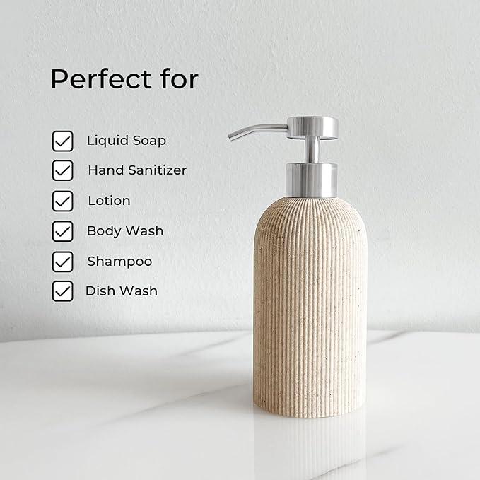 Lunestella Elegant Boho Beige Hand Soap Dispenser with Stainless Steel Pump, for Bathroom and Kitchen, Rust Proof, 7oz - ModernBath