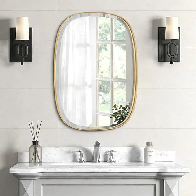 POZINO Gold Bathroom Mirror, 24"x32" Brass Rounded Rectangle Mirrors, Brushed Beveled Mirrors for Over Sink, Modern Vanity Wall Mirror in Premium Stainless Steel Frame Hangs Horizontal Or Vertical - ModernBath