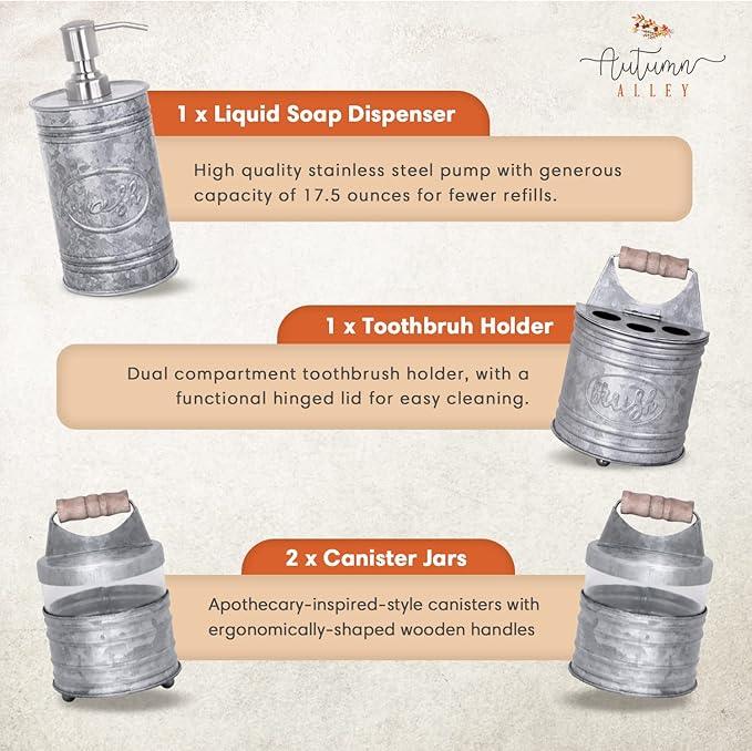 Autumn Alley Rustic Bathroom Accessories Set 4 - Galvanized Soap Dispenser, Rustic Toothbrush Holder, 2 Apothecary Jars Qtip Holder - Western Bathroom Decor – Farmhouse Bathroom Decor Accessories - ModernBath