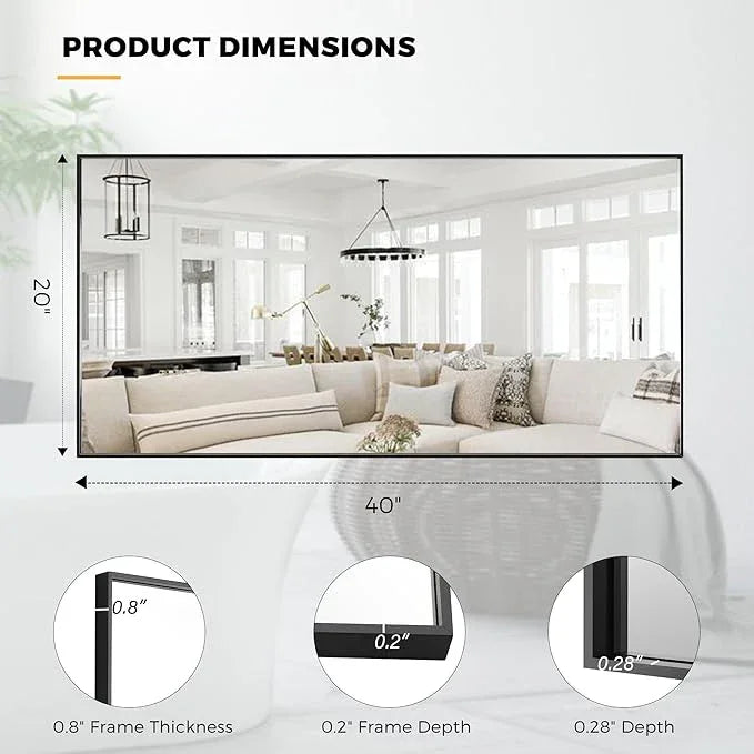 Bonverre 20x40 Inch Black Bathroom Mirror for Wall, Aluminum Frame Rectangle Rectangular Vanity Mirror, Modern Large for Bedroom, Living Room, Horizontal or Vertical - ModernBath