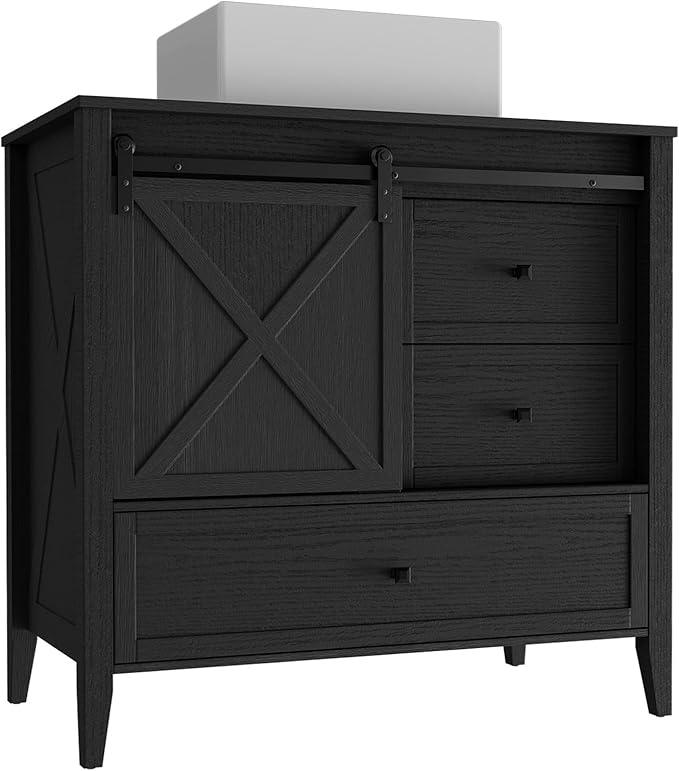 VNN Bathroom Vanity with Sink - 36 Inch Bathroom Vanity with Sink Ceramic, Freestanding Cabinet with Farmhouse Sliding Barn Door and 3 Drawers, Space-Saving Storage Cabinet, Wood Grain Texture, Black - ModernBath
