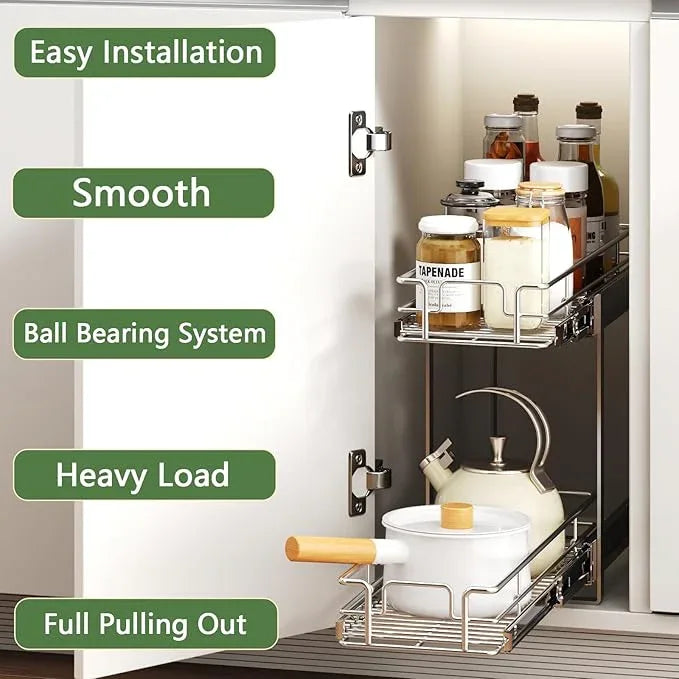 2 Tier Individual Pull Out Cabinet Organizer 5½" W x 21½" D, Heavy Duty Cabinet Pull Out Shelves, Slide Out Drawers Organization for Kitchen Cabinets Bathroom - ModernBath