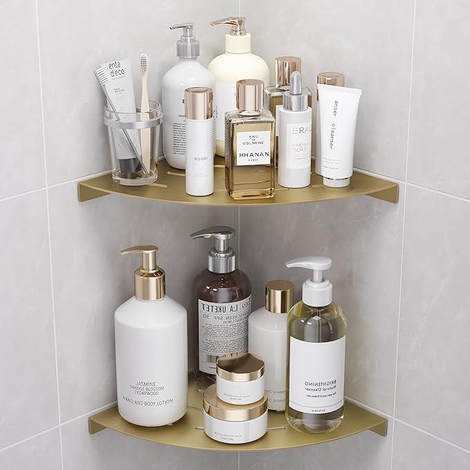 2 Pack Corner Shower Shelves Load Capacity 40 lbs 304 Stainless Steel Shower Corner Shelf Will not Rust 8in Shower Shelf for Inside Shower Brushed Gold Drilling Installation - ModernBath