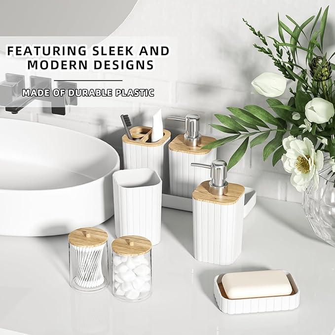 XLHOMO Bathroom Accessories Set - Elegant White Bathroom Set, 10PC Bathroom Accessory Set, Toilet Brush, Trash Can, Qtip Holder Dispenser & Soap Dispenser - ModernBath