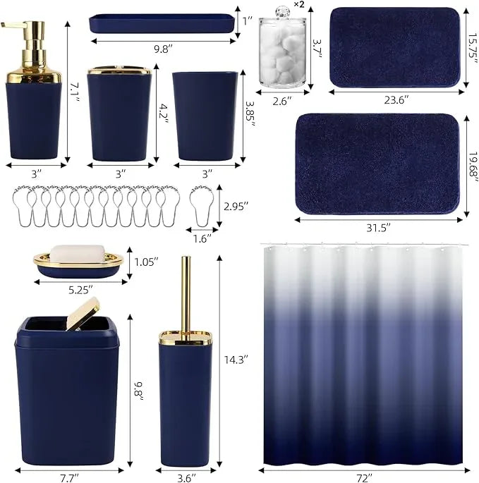 XLHOMO Bathroom Set - Navy Blue Bathroom Sets with Shower Curtain and Rugs, 24PCS Shower Curtain Set with Hooks, Soap Dispenser, Soap Dish, Toilet Brush Holder and Trash Can for Housewarming - ModernBath