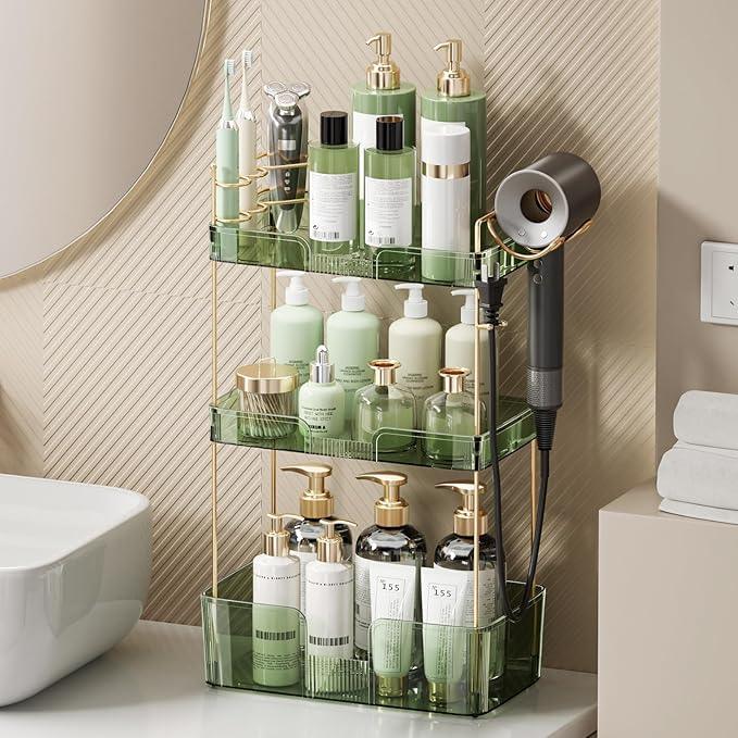 Bathroom Counter Organizer for Vanity, Makeup Organizer Countertop with Holder, Large Capacity Storage Rack, Perfect Large Skincare, Hair Care, Perfume, Easy to Install (Green, 3Tiers) - ModernBath