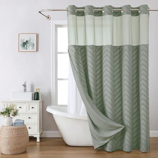 eachope Long No Hook Tufted Chevron Striped Shower Curtain with Snap-in Fabric Liner set-71Wx80H(78H),Sage Green Hotel Grade Boho Style Shower Curtain with See Through Top Window,Water Repellent - ModernBath