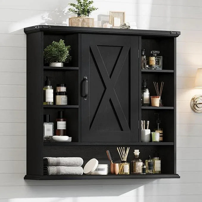 Bathroom Wall Cabinet, Farmhouse Medicine Cabinet with Adjustable Shelves and Barn Doors, Large Wall Mounted Over The Toilet Storage Cabinet for Bathroom, Laundry Room, Kitchen, Rustic Black - ModernBath
