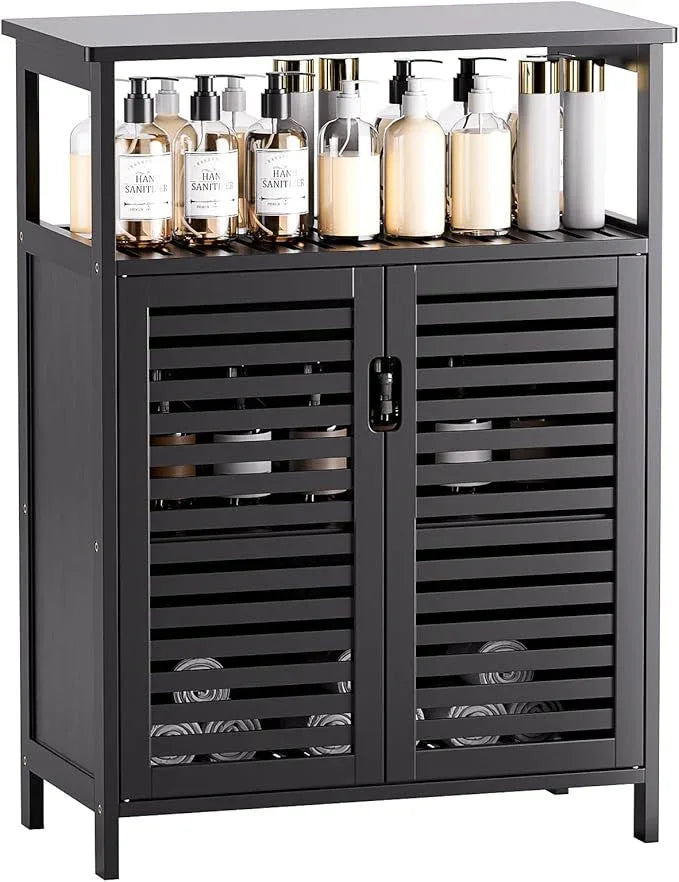 HITNET Black Bathroom Storage Cabinet, Freestanding Bamboo Floor Cabinet 4 Tier Tall Kitchen Cupboard with Door and Shelves - ModernBath