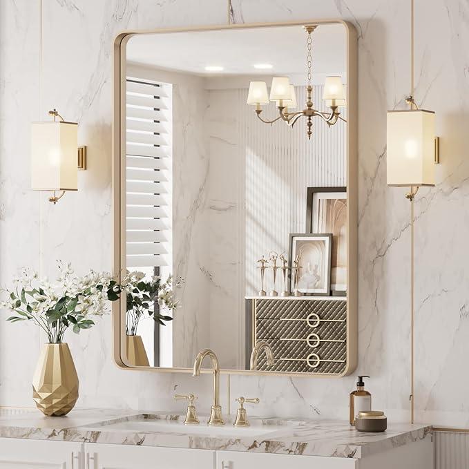 LOAAO 20”X30” Gold Bathroom Mirror, Rounded Rectangle Gold Frame Mirror, Brushed Gold Bathroom Vanity Mirror Wall-Mounted, Anti-Rust, Hangs Horizontally or Vertically - ModernBath