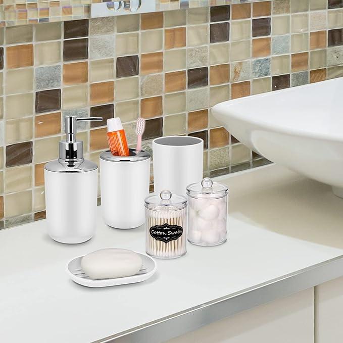 White Bathroom Set,9 Piece Bathroom Accessories Set,Tray,Soap Dispenser,Toothbrush Holder,Toothbrush Cup,Soap Dish,Toilet Brush,Qtip Holders,Trash Can for Bathroom Décor and Housewarming Gifts - ModernBath