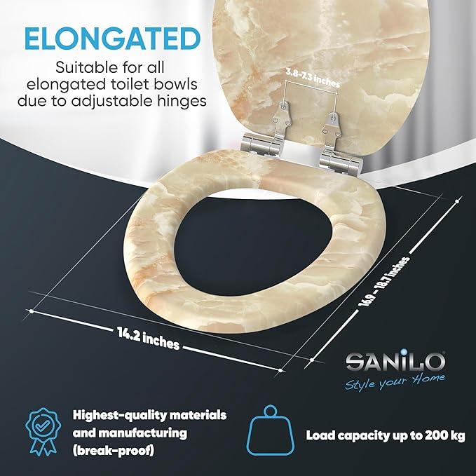 SANILO Wooden Toilet Seat with Soft Close [ELONGATED] - Decorative, Quiet & Slow Close Molded Wood Seat - With Strong Bumpers & Hinges - Adjustable Fit - Marble Nature - ModernBath