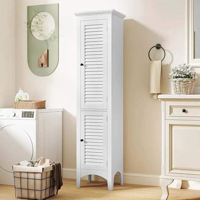 Tangkula 63" Tall Bathroom Storage Cabinet, Freestanding Narrow Linen Tower with Adjustable Shelf, Modern Slim Floor Cabinet with 2 Doors for Bathroom, Living Room, Kitchen (White) - ModernBath