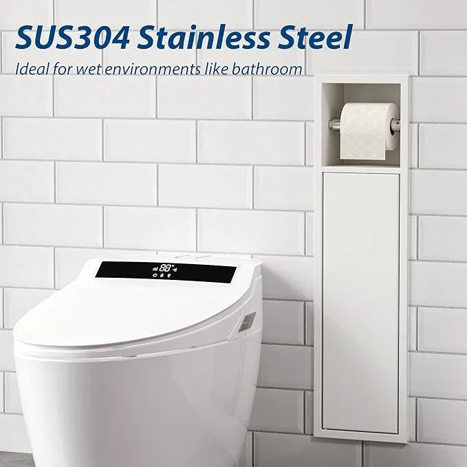 Recessed Toilet Paper Holder, SUS304 Stainless Steel Rustproof Recessed Toilet Paper Holder with Storage Cabinet, in Wall Tissue Paper Holder for Bathroom, Matte White, 4.7" Depth - ModernBath