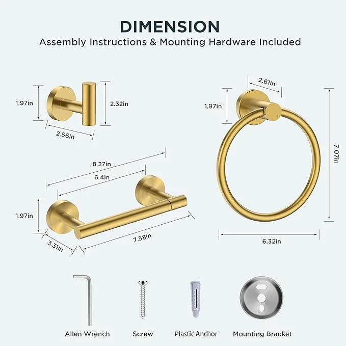 FORIOUS 4 Piece Bathroom Accessories, SUS304 Stainless Steel Double Post Pivoting Toilet Paper Holder, Towel Ring and 2 Towel Hooks, Wall Mounted Bathroom Hardware Set (Dark Gold) - ModernBath